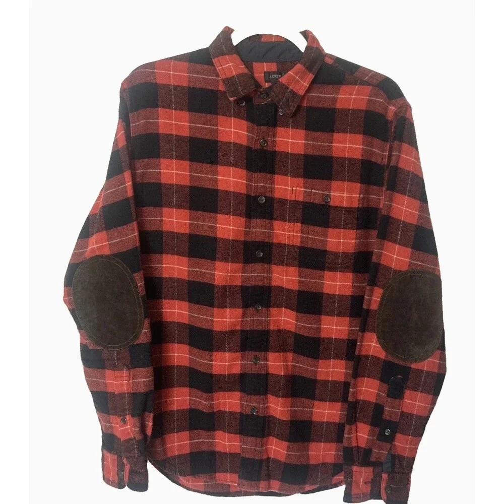 J Crew Flannel Shirt Mens M Wool Cotton Elbow Patch Button Down Red Black Shirt